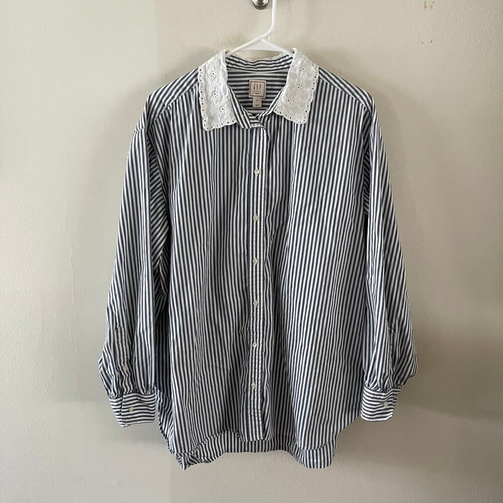 GAP x DÔEN Womens XL Blue White Stripe Eyelet Lace Collar Button Up